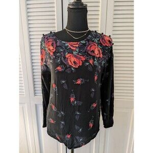 Maeve Anthropologie Top Women XS Multi Floral Puff Sleeve Linen Blouse Peasant